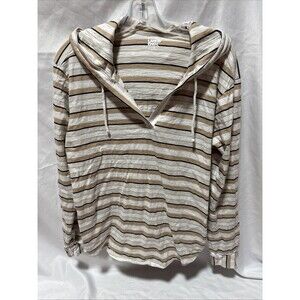 Lands' End Women's Long Sleeve Cotton Hoodie Sweatshirt Top Stripe WhiteTan M